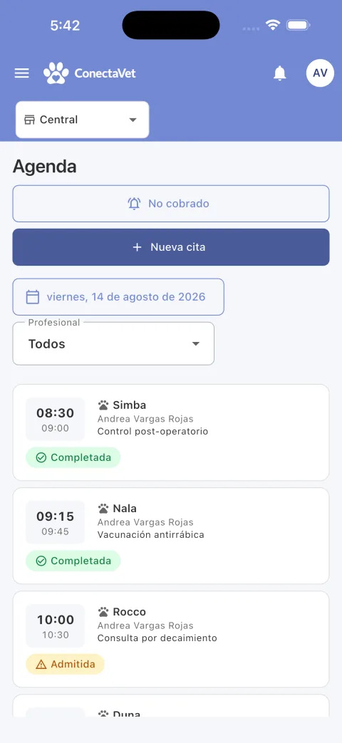 Agenda de citas de ConectaVet en su aplicación móvil